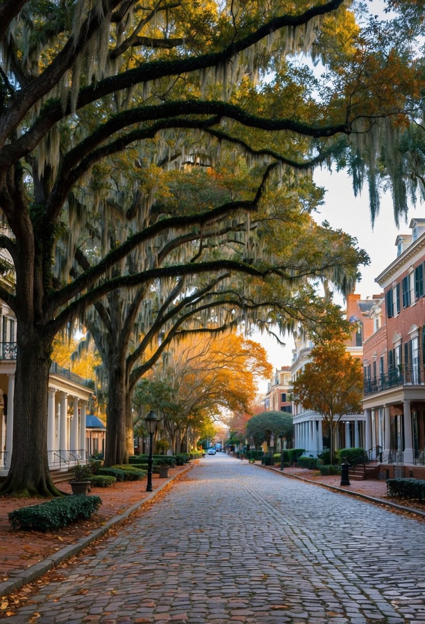 A picturesque scene of Spanish moss-draped trees, historic architecture, and cobblestone streets in Savannah, Georgia during the colorful autumn season