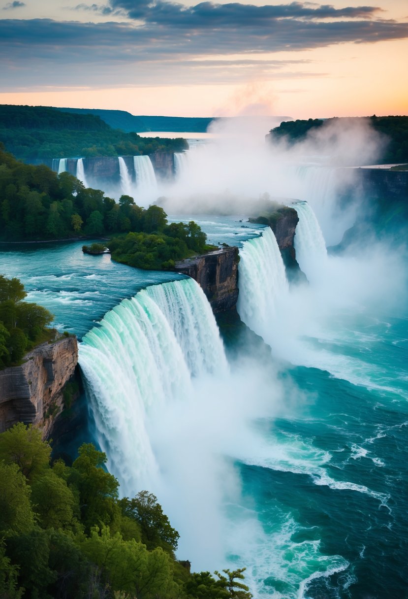 Majestic Niagara Falls cascading over rocky cliffs, mist rising, surrounded by lush greenery