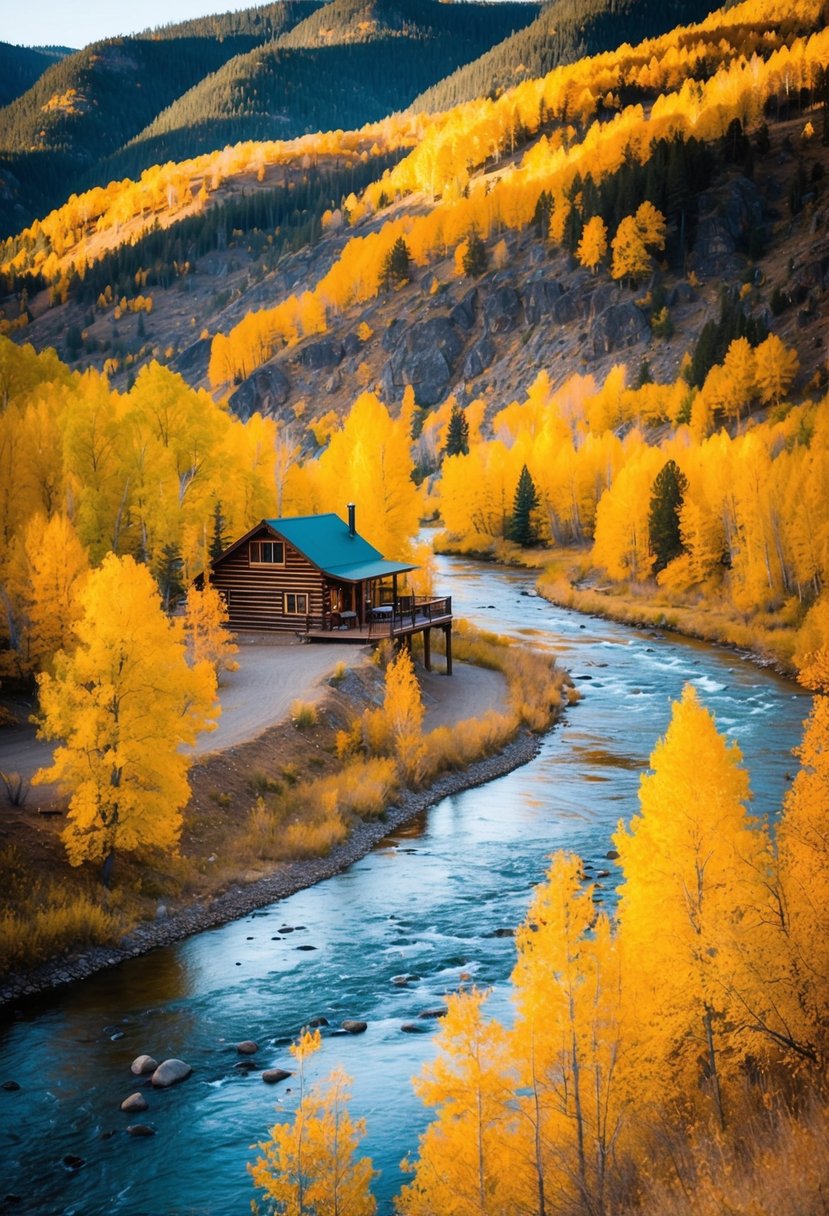 A winding river reflects the golden hues of the trees, creating a picturesque scene for a fall honeymoon destination