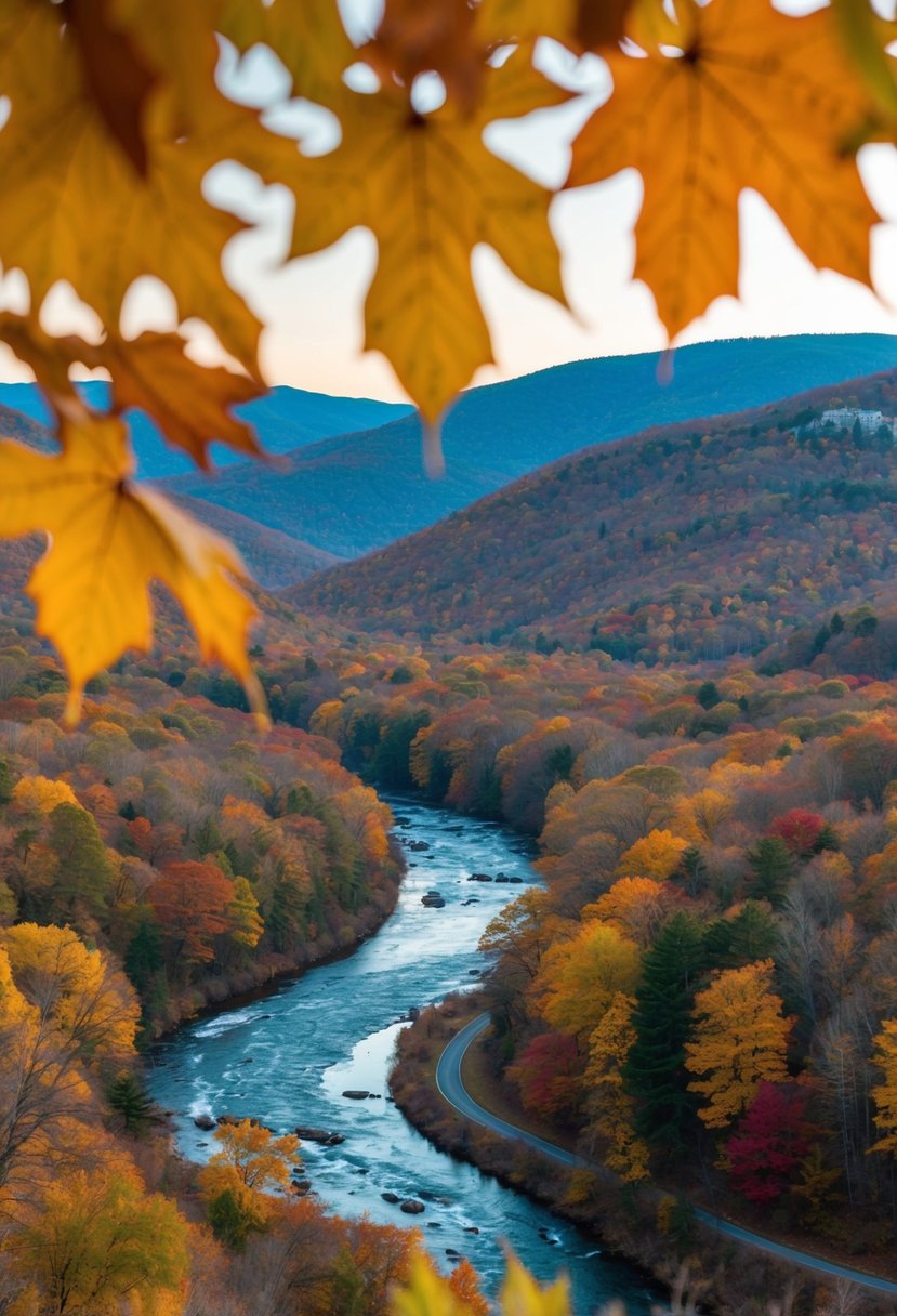 Autumn leaves blanket the Catskill Mountains, with a winding river cutting through the vibrant landscape