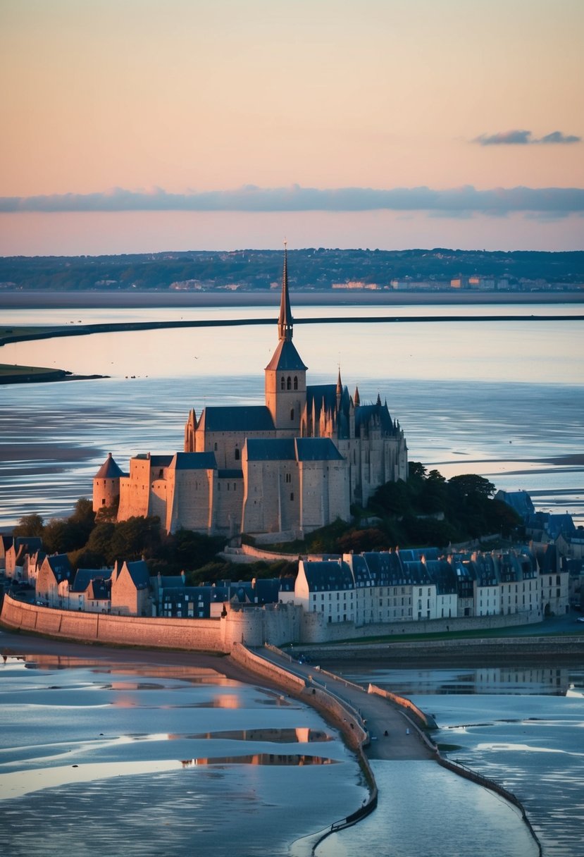 The iconic Mont Saint-Michel rises from the tidal flats, surrounded by medieval buildings and a winding causeway, with the dramatic Normandy coastline in the background