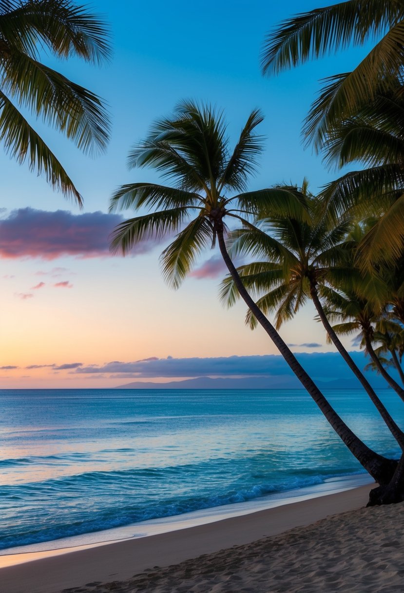 A serene beach with palm trees, clear blue waters, and a vibrant sunset over the horizon in Maui, Hawaii for a December honeymoon