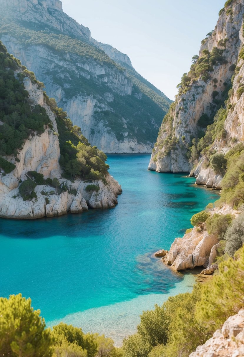 A serene cove in Calanques National Park, Marseille. Turquoise waters, rugged cliffs, and lush greenery create a picturesque honeymoon destination in France