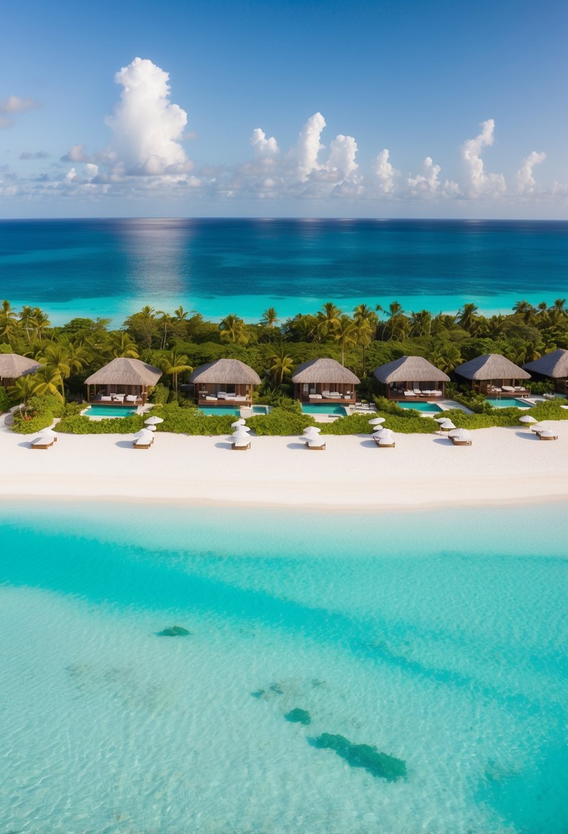 Aerial view of Tokoriki Island Resort, Fiji. White sandy beaches, clear turquoise waters, lush greenery, and overwater bungalows