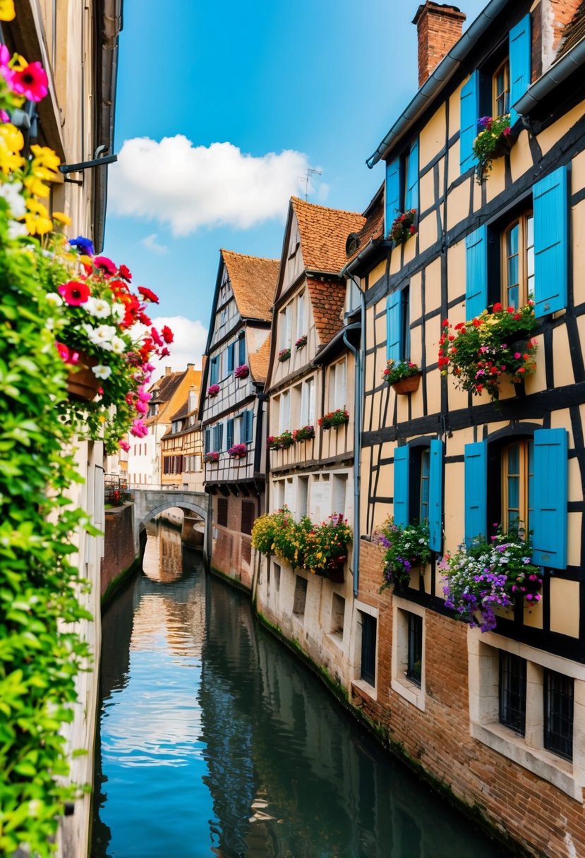 A charming canal winds through half-timbered houses in Strasbourg's Petite France, with colorful flowers spilling from window boxes