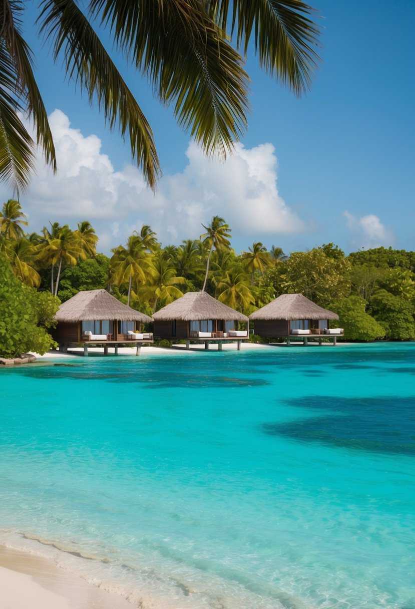 A secluded beach with crystal-clear turquoise waters, surrounded by lush tropical vegetation and luxurious overwater bungalows