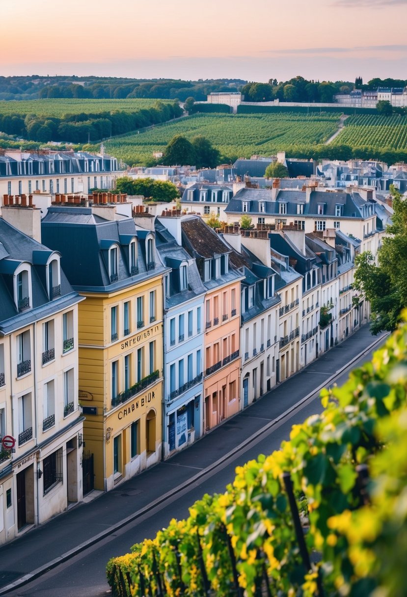 A picturesque street in Reims lined with colorful Champagne Houses, surrounded by lush vineyards and a romantic atmosphere