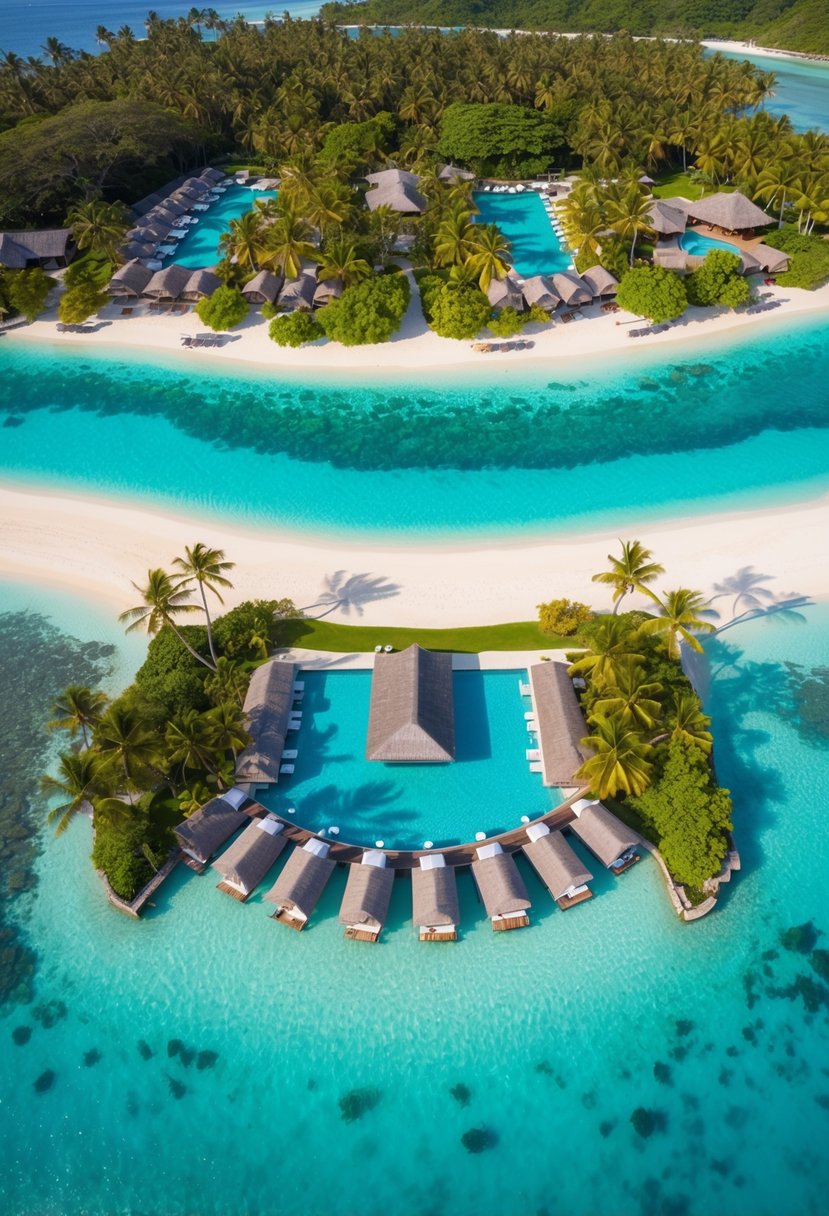Aerial view of Fiji Marriott Resort Momi Bay, with overwater bungalows, palm trees, and crystal-clear turquoise waters