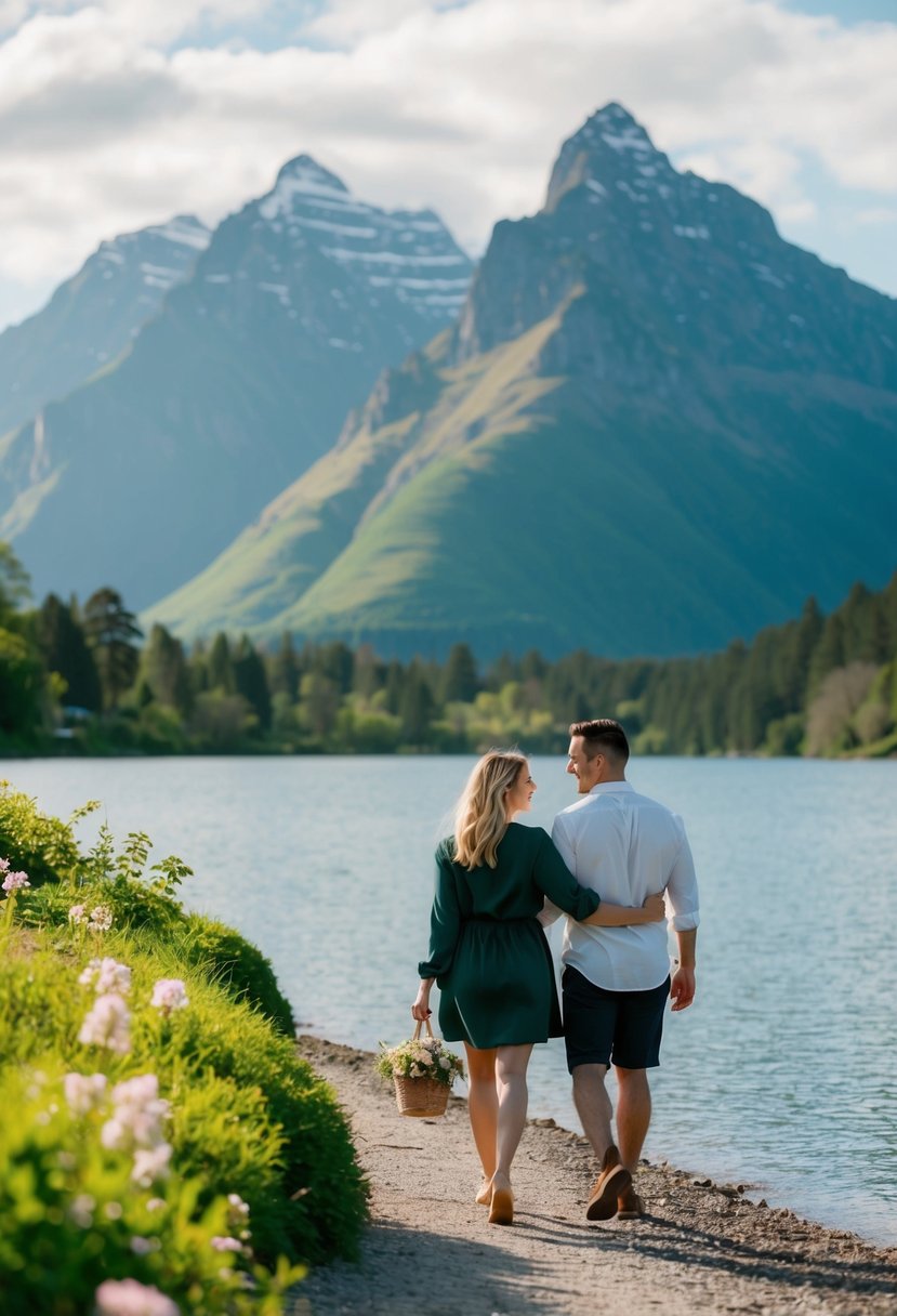 A couple strolling along the shores of Lake Wakatipu with the Remarkables mountain range in the background, surrounded by lush greenery and blooming flowers