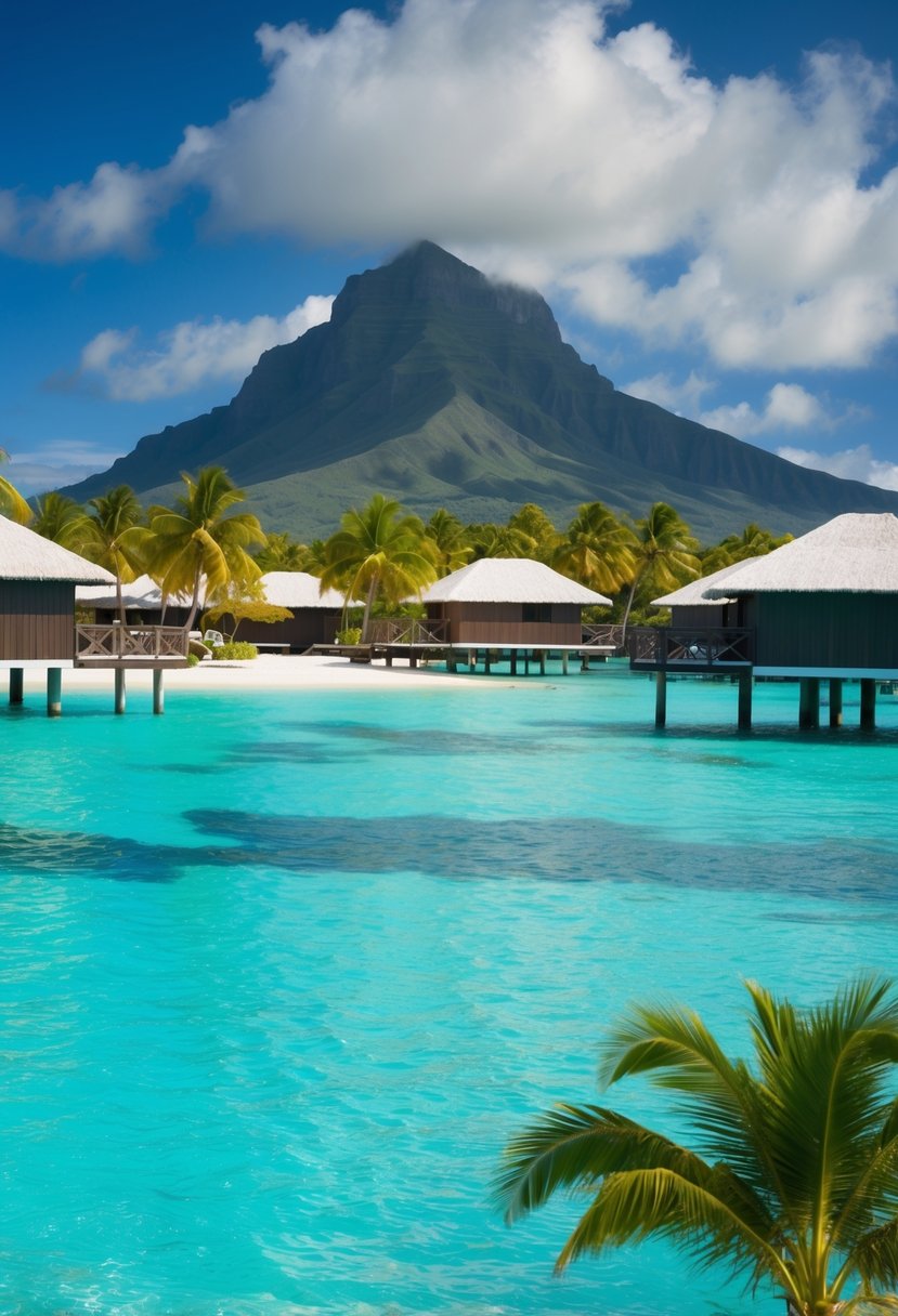 Turquoise lagoon with overwater bungalows, palm trees, and Mount Otemanu in the background
