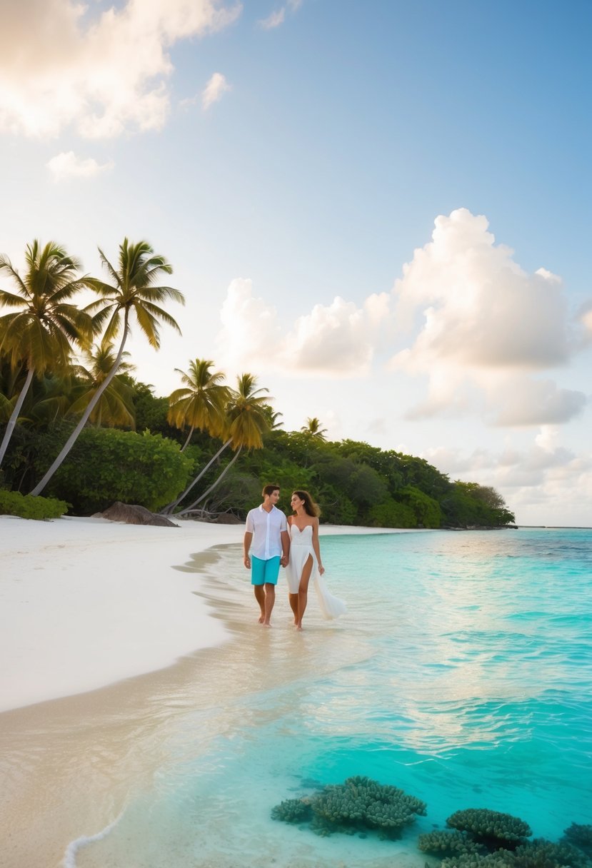 A couple strolling on a pristine white sand beach, crystal-clear turquoise waters, palm trees swaying in the gentle breeze, and colorful coral reefs visible beneath the surface