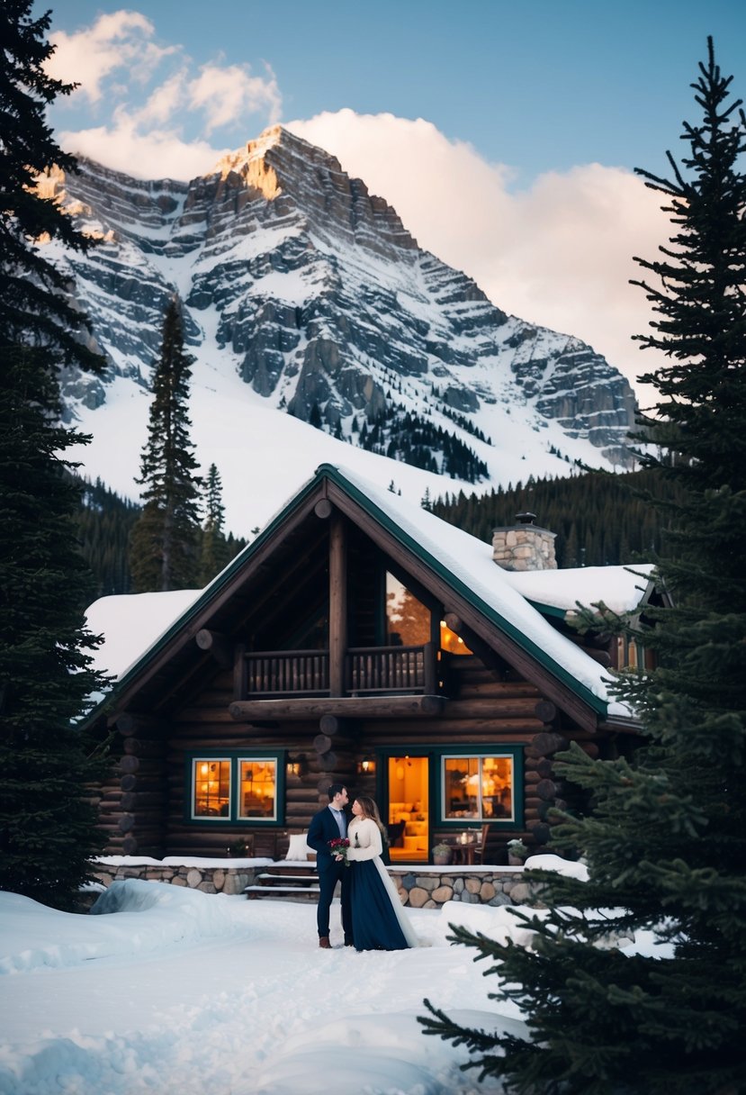 Snow-covered mountains and evergreen trees surround a cozy log cabin in Banff, Canada. A couple enjoys a romantic winter honeymoon, with hot cocoa and a crackling fire