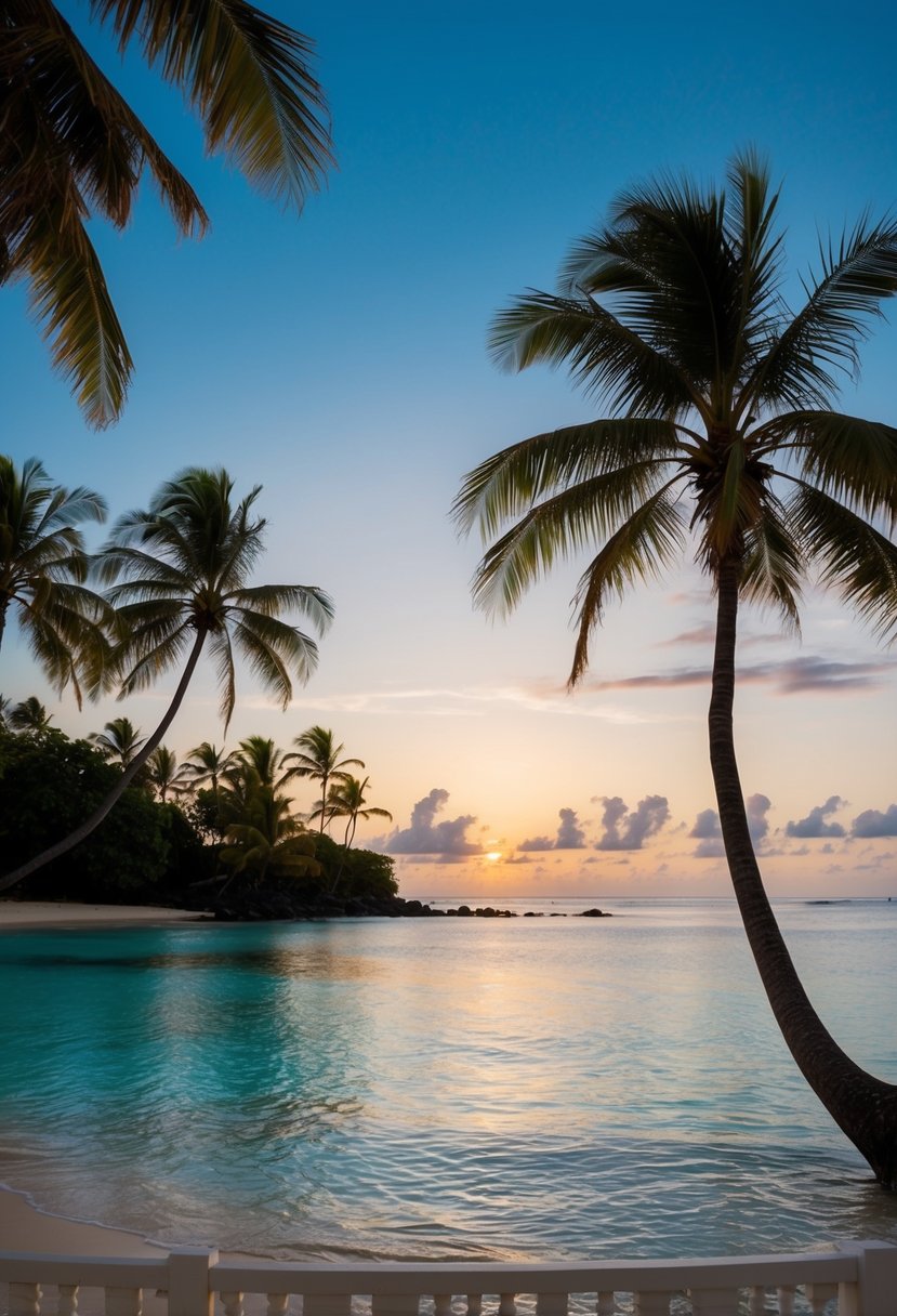 A serene beach at Nanuku Auberge Resort Fiji, with palm trees, clear blue waters, and a romantic sunset