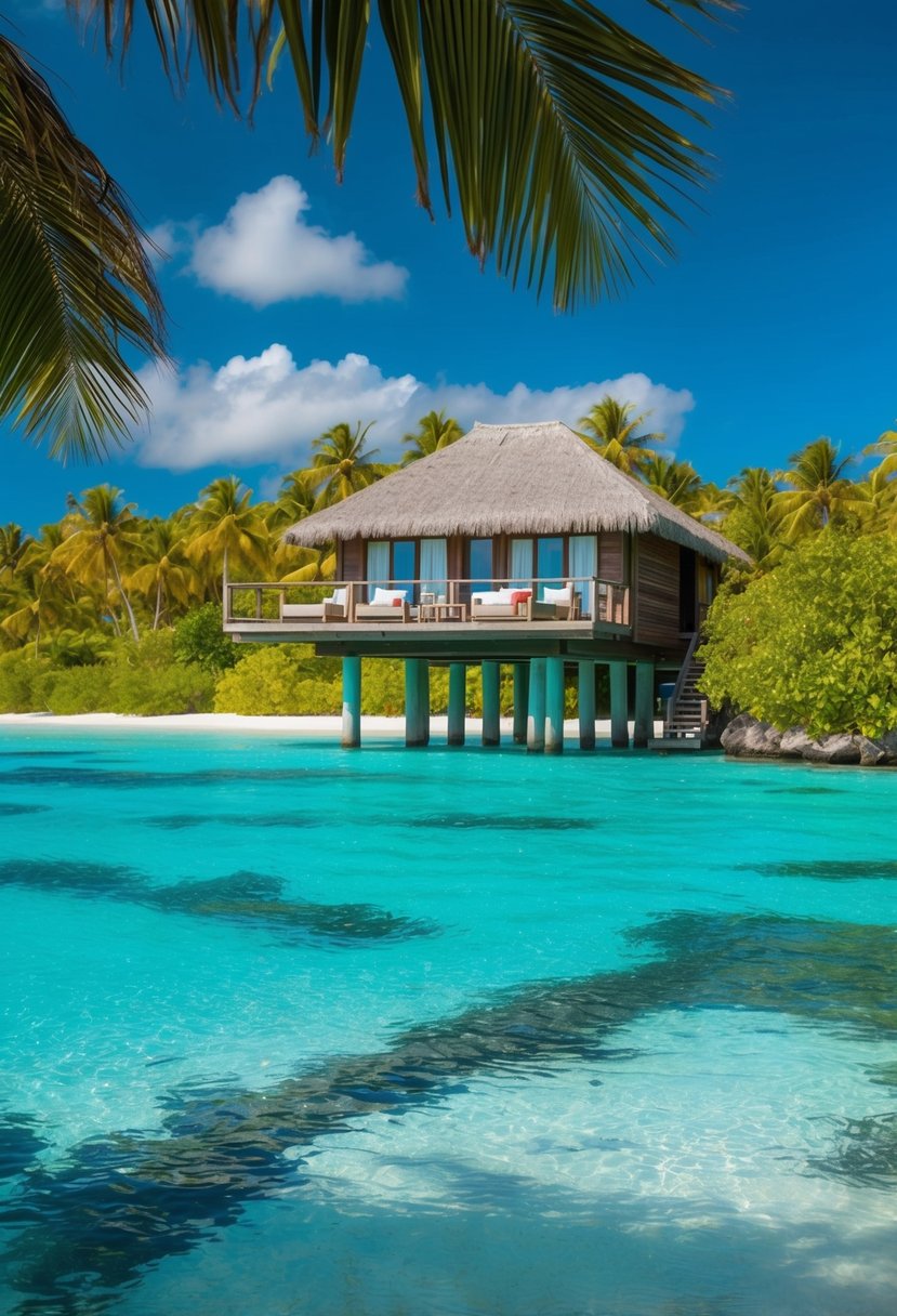A secluded overwater bungalow at Qamea Resort and Spa in Fiji, surrounded by crystal-clear turquoise waters and lush tropical greenery
