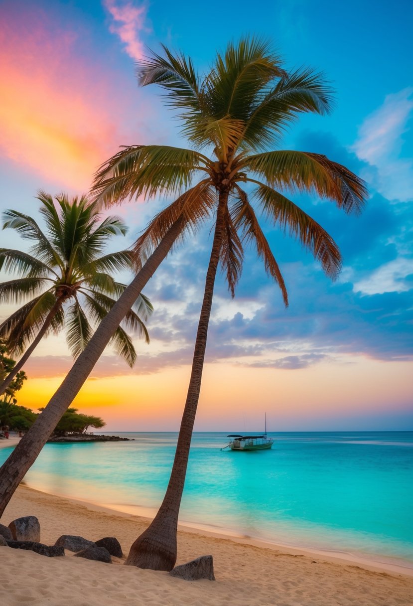 A serene beach in Zanzibar, Tanzania, with crystal-clear turquoise waters, palm trees, and a colorful sunset sky