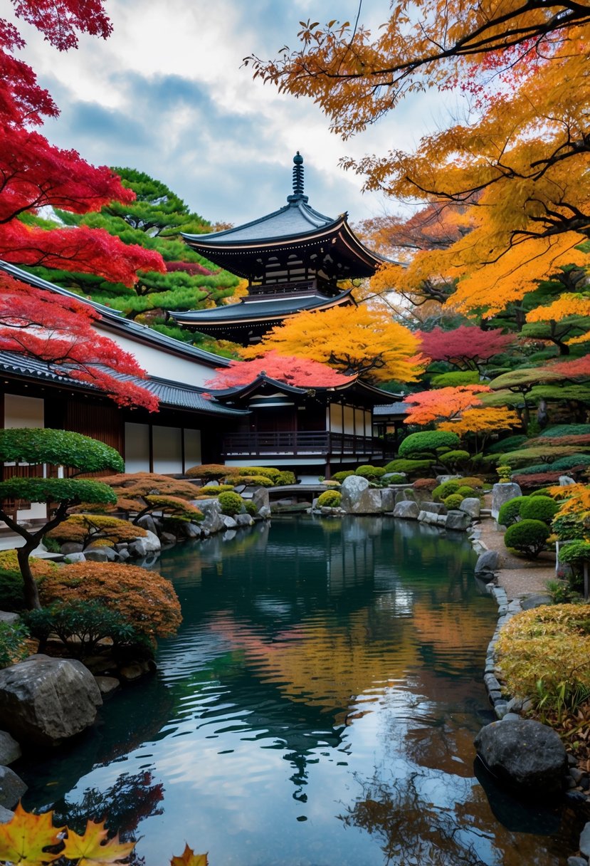 A serene traditional Japanese garden in Kyoto, with vibrant autumn foliage and a peaceful koi pond