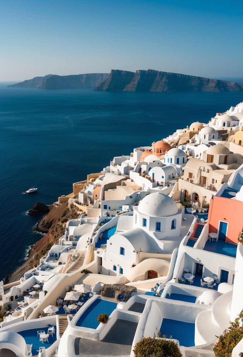 The white-washed buildings of Santorini overlook the deep blue sea, with colorful rooftops and winding pathways creating a picturesque scene for a November honeymoon