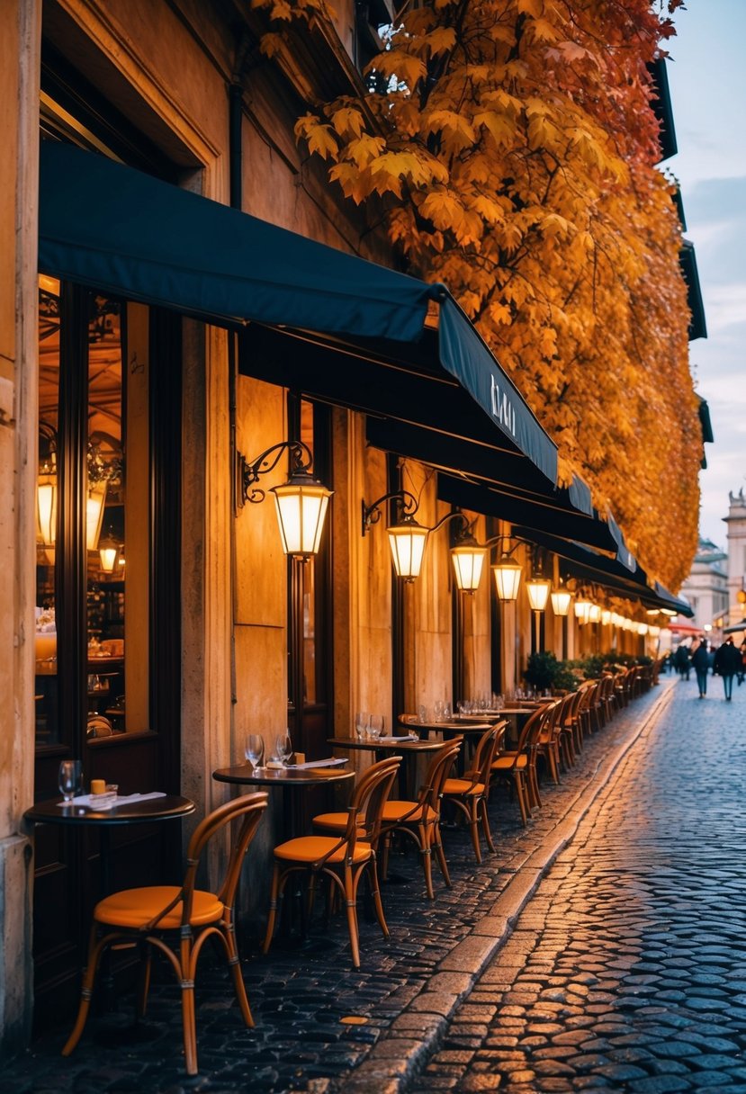A cozy café in Rome, with colorful autumn leaves lining the cobblestone streets and the warm glow of street lamps illuminating the romantic atmosphere