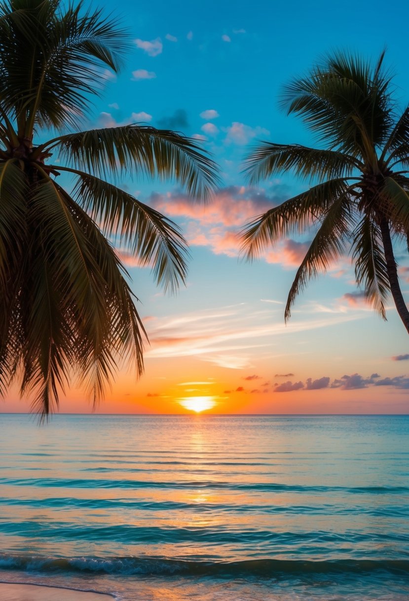 A serene beach with palm trees, clear blue waters, and a vibrant sunset