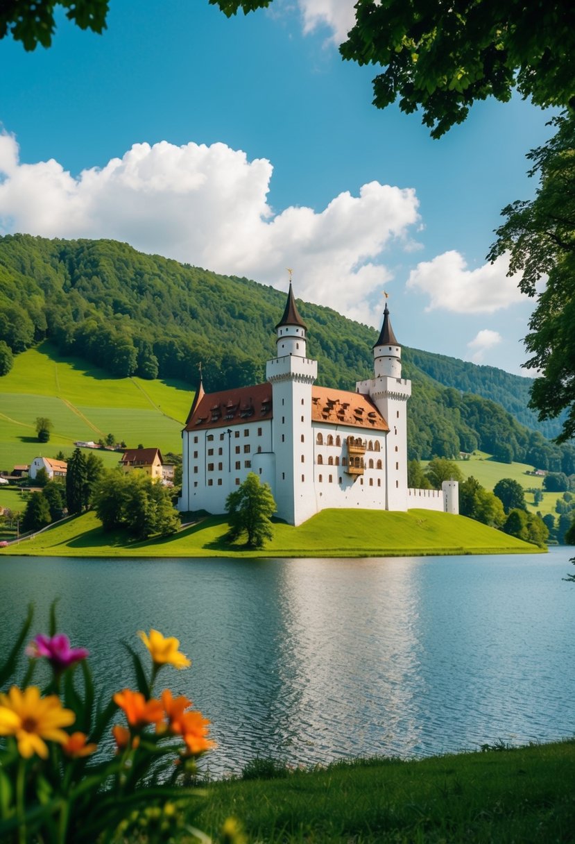 A picturesque castle nestled in the lush green hills of the Bavarian countryside, with a serene lake and colorful flowers in the foreground