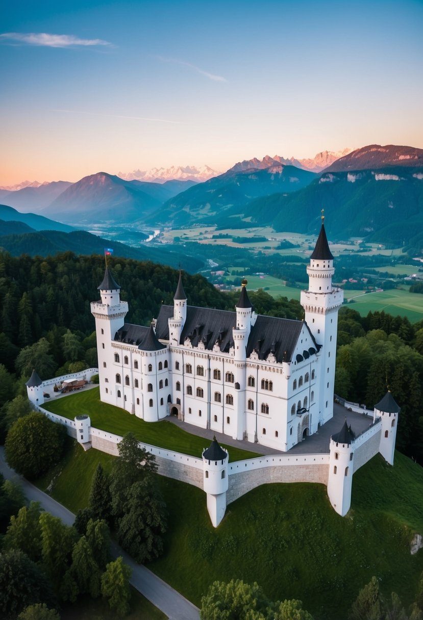 Aerial view of Neuschwanstein Castle surrounded by lush greenery and the Bavarian Alps in the background