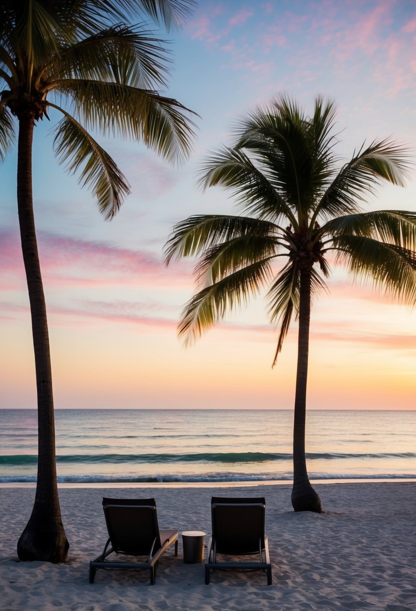 A serene beach at sunset, with palm trees and a couple of lounge chairs facing the ocean. Gentle waves lapping at the shore, and a colorful sky