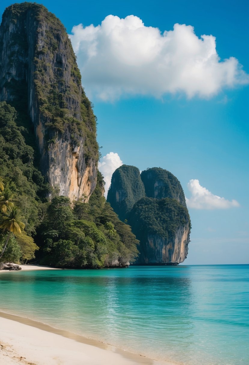 A tranquil beach at Krabi, Thailand, with clear blue waters, towering limestone cliffs, and lush greenery, perfect for a romantic honeymoon in November