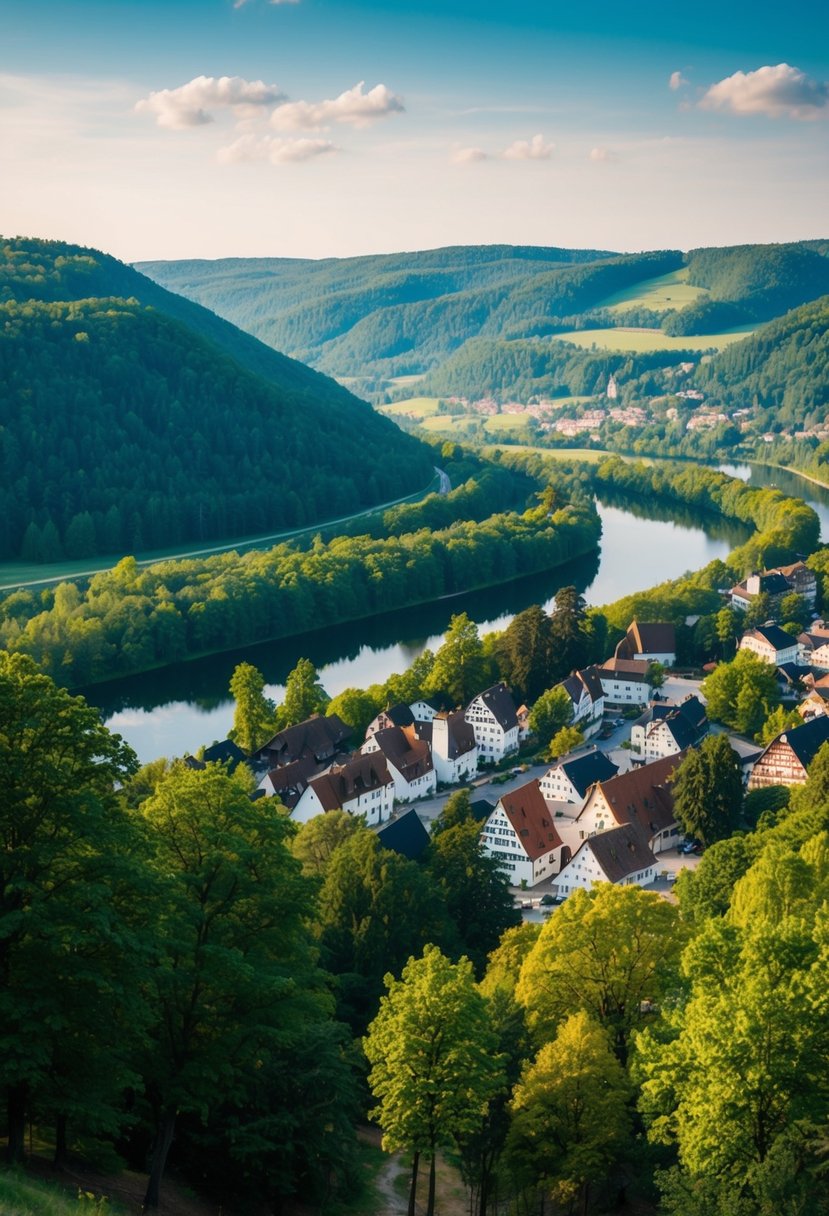 A serene Black Forest landscape with lush green trees, a winding river, and a charming village nestled among the hills of Baden-Württemberg