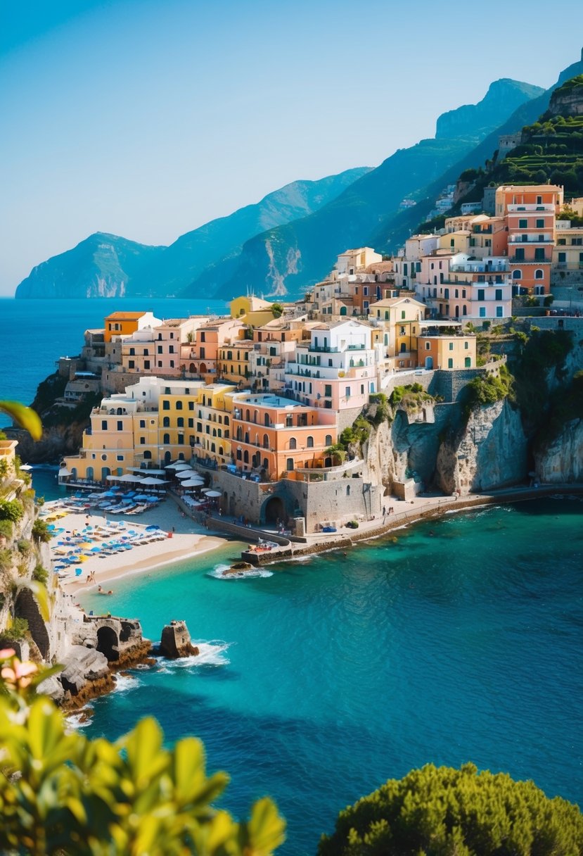 A seaside village on the Amalfi Coast with colorful buildings cascading down the cliffs, overlooking the turquoise waters of the Mediterranean