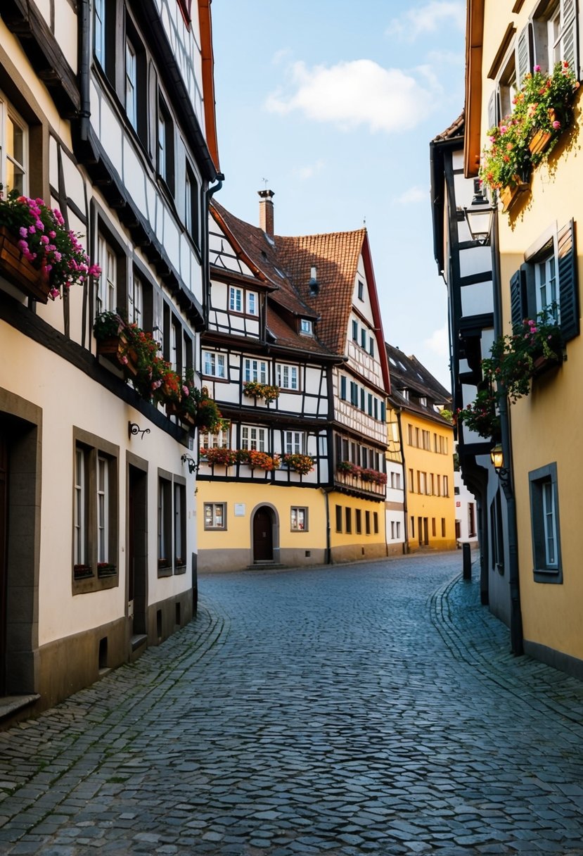 A cobblestone street winds past half-timbered houses in Rothenburg ob der Tauber, with colorful flower boxes adorning the windows