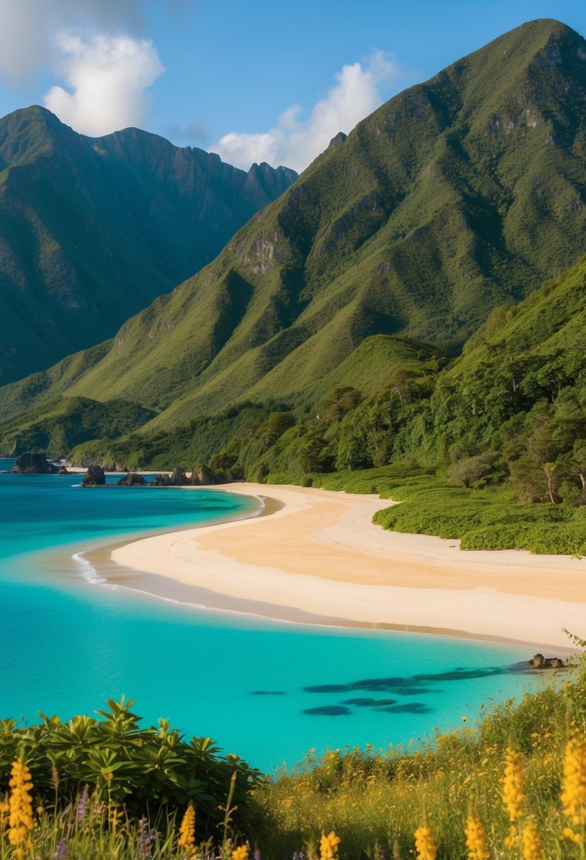 A secluded beach with turquoise waters and golden sand, surrounded by lush green mountains and vibrant wildflowers