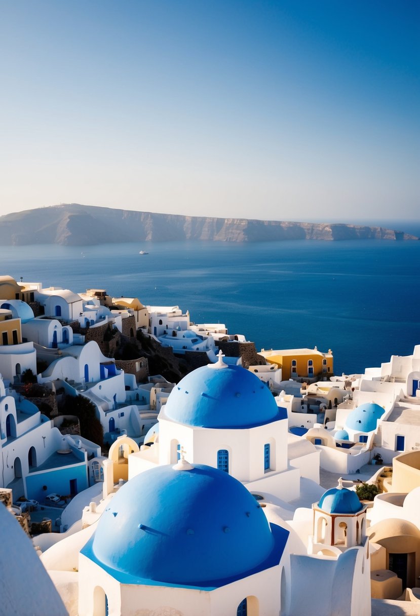 A picturesque Santorini village overlooking the caldera, with white buildings and blue domes against a backdrop of the Aegean Sea