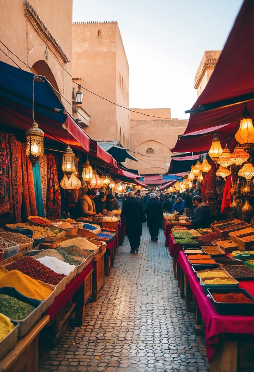 A bustling Marrakech market with colorful textiles, ornate lamps, and exotic spices under the warm November sun
