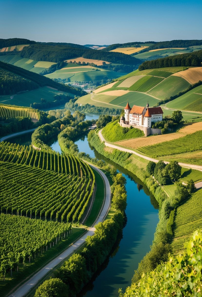 Rolling hills, lush vineyards, and a winding river in the Rhine Valley, Germany. A castle perched on a hill overlooks the picturesque landscape