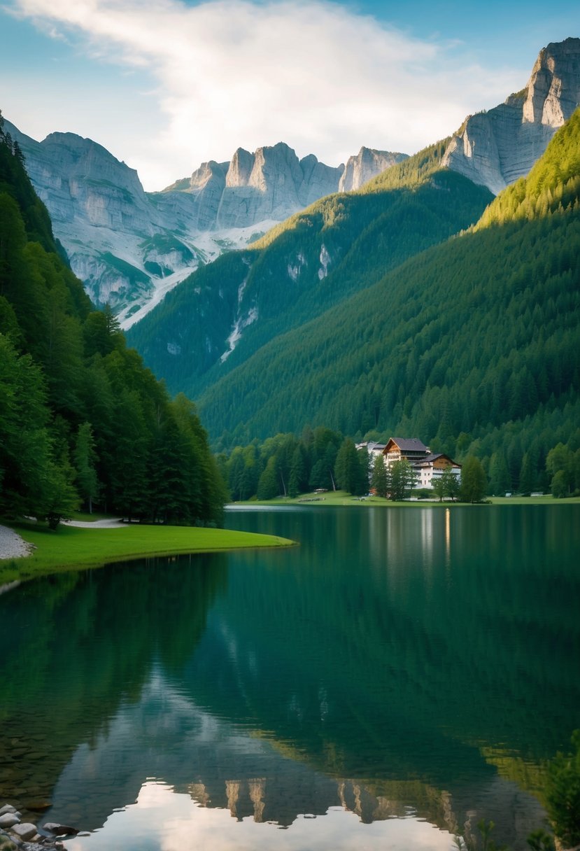 A serene lake surrounded by lush green mountains in Berchtesgaden National Park, Bavaria
