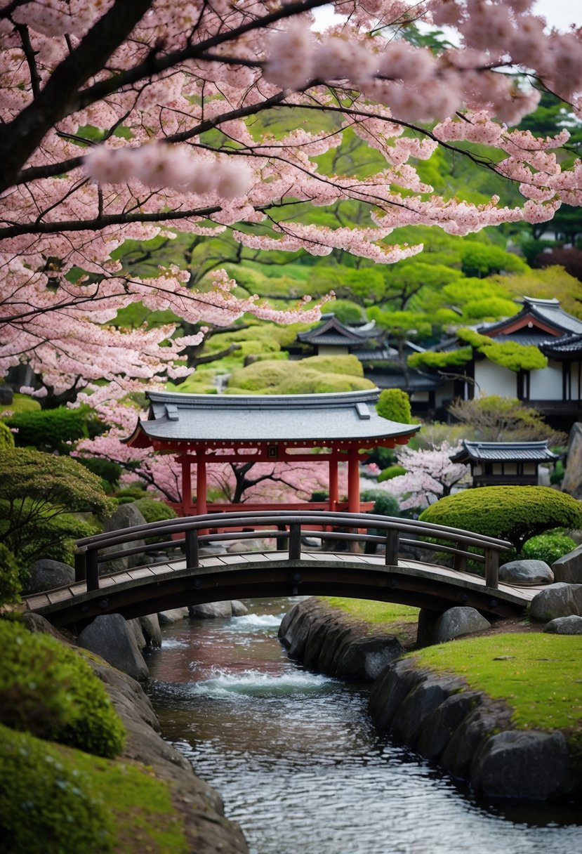 A serene cherry blossom garden in Kyoto, Japan, with a traditional wooden bridge over a peaceful stream