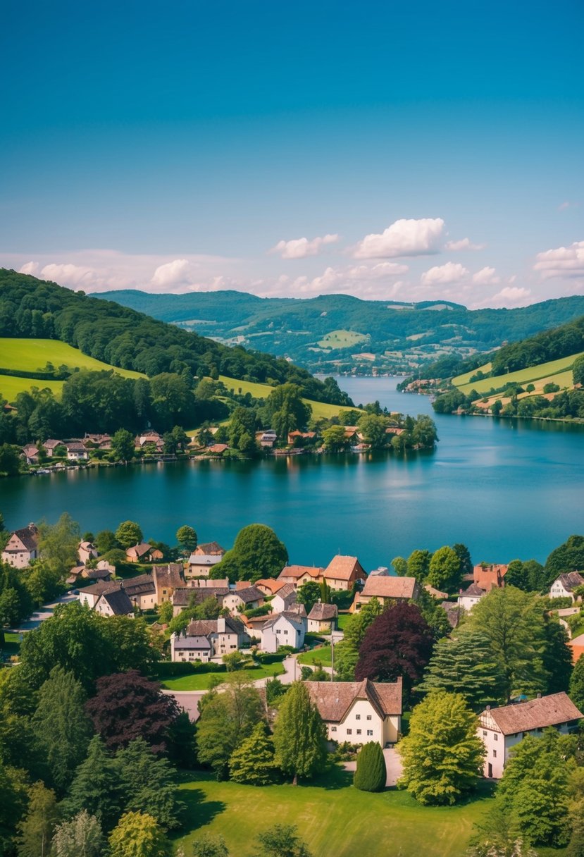 A serene lake surrounded by lush green hills and charming villages, with a clear blue sky overhead