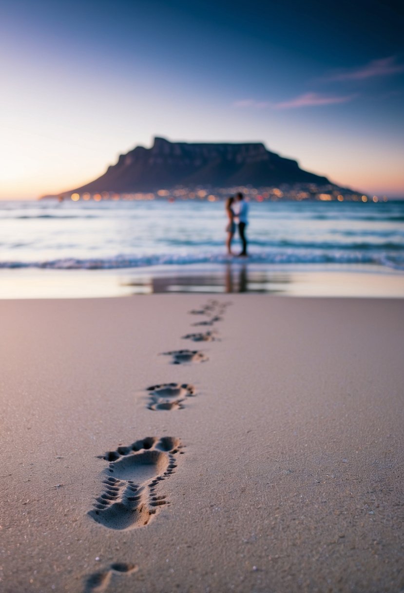 A serene beach at sunset, with Table Mountain in the background and a couple's footprints in the sand