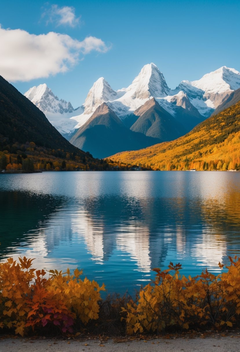 A serene lakeside view with snow-capped mountains and colorful autumn foliage in Bariloche, Argentina