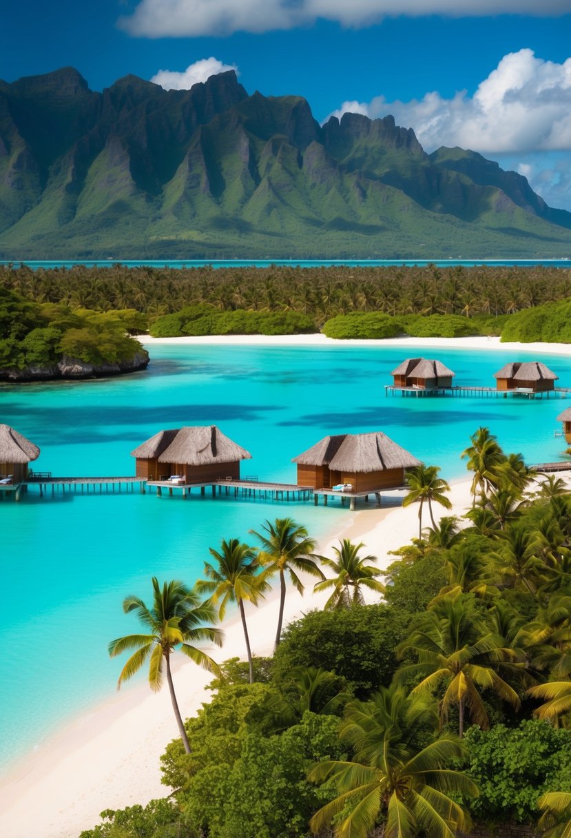 Crystal clear turquoise waters surround overwater bungalows with lush green mountains in the background. Palm trees line the pristine white sandy beaches on the island of Bora Bora in French Polynesia