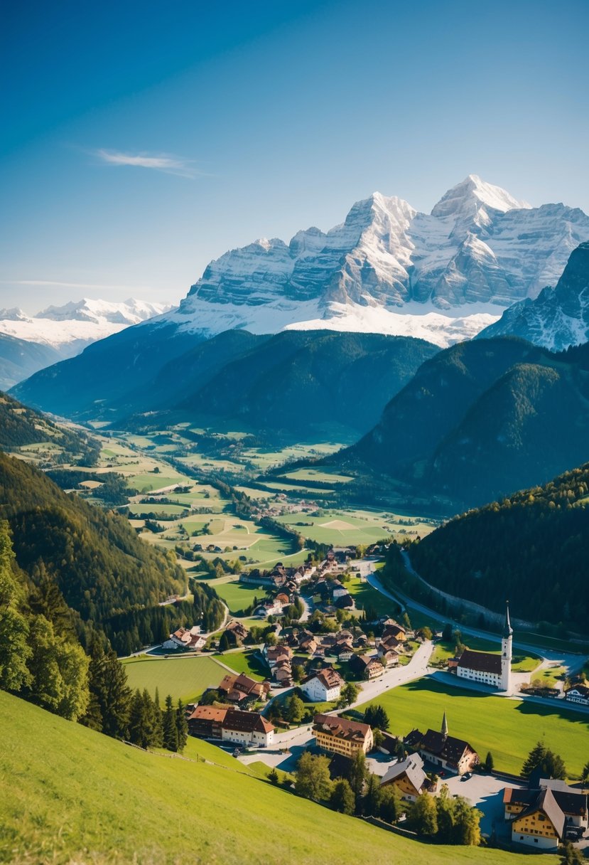 A picturesque view of the Bavarian Alps with lush green valleys and snow-capped peaks, surrounded by charming villages and clear blue skies