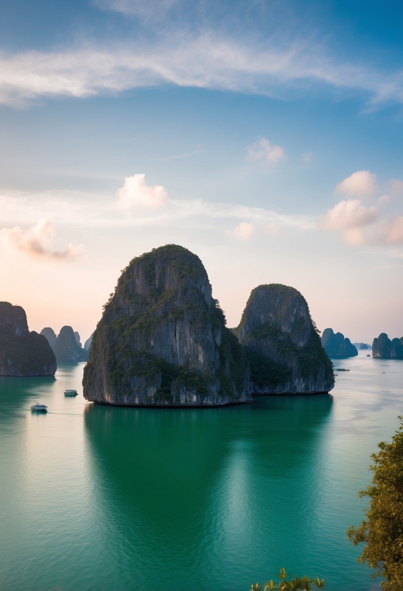 A serene scene of limestone islands and emerald waters in Ha Long Bay, Vietnam, with a soft November light casting a romantic ambiance