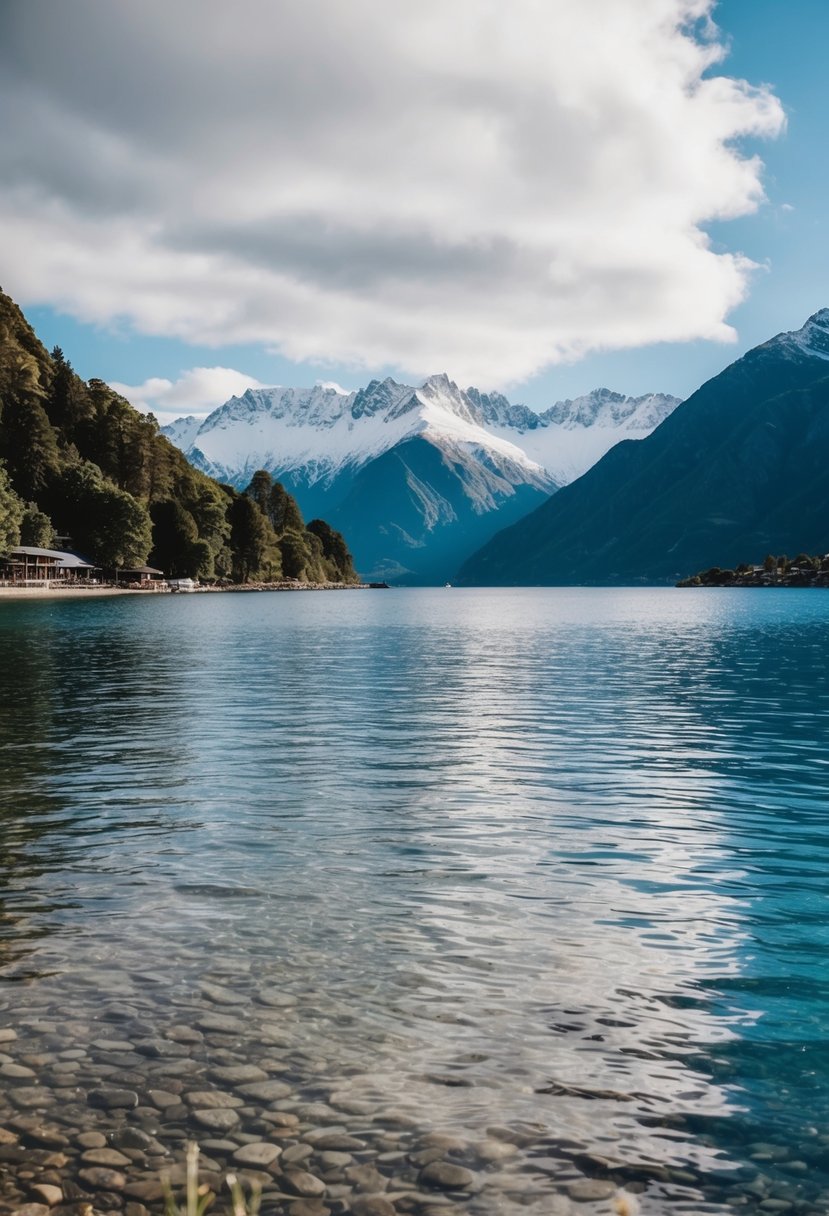 A picturesque Queenstown lakeshore with snow-capped mountains in the background, surrounded by lush greenery and crystal-clear water