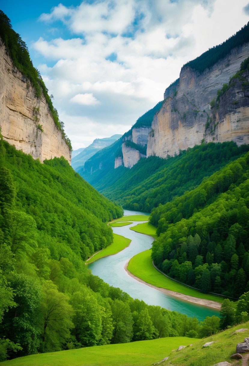 Lush green valley with winding river, surrounded by towering sandstone cliffs and dense forest in Saxon Switzerland National Park, Saxony, Germany