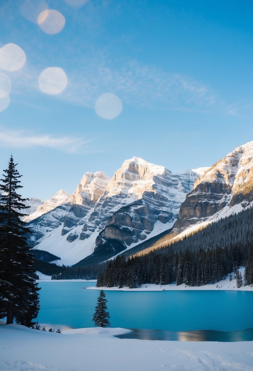 Snow-covered mountains overlooking a frozen lake in Banff, Canada. Pine trees and a clear blue sky complete the serene winter scene