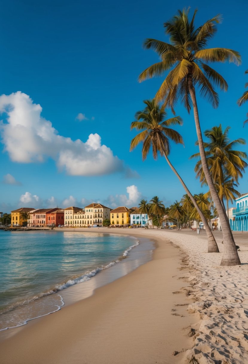 A picturesque beach in Cartagena, Colombia with palm trees, clear blue waters, and colorful colonial buildings lining the shore