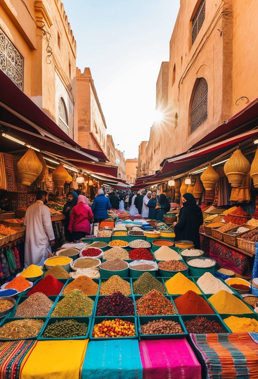A bustling market in Marrakech, filled with colorful textiles, spices, and traditional crafts. The warm March sun casts a golden glow over the ancient city