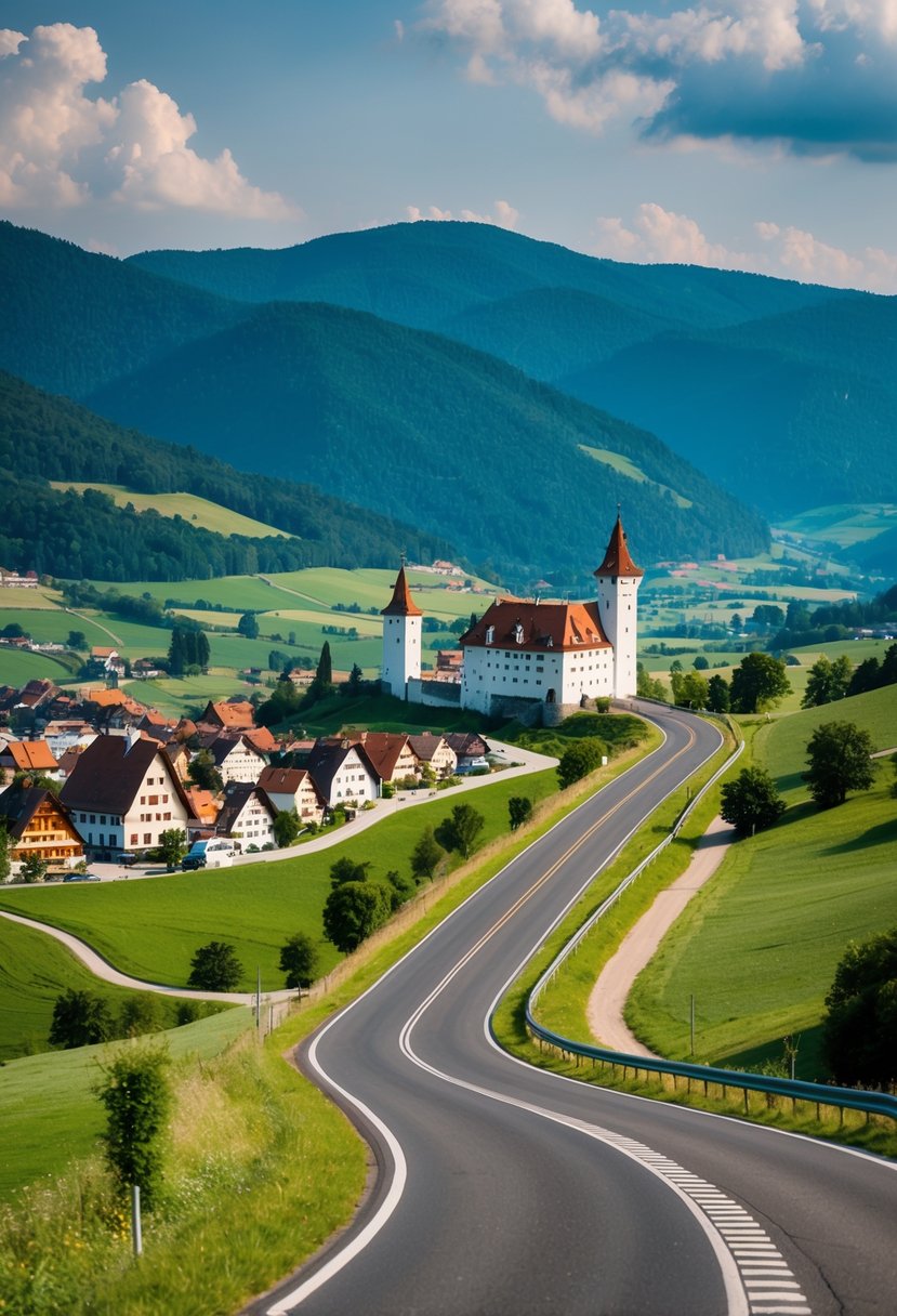 A winding road through Bavarian countryside, lined with charming villages and rolling hills, leading to a picturesque castle nestled in the mountains