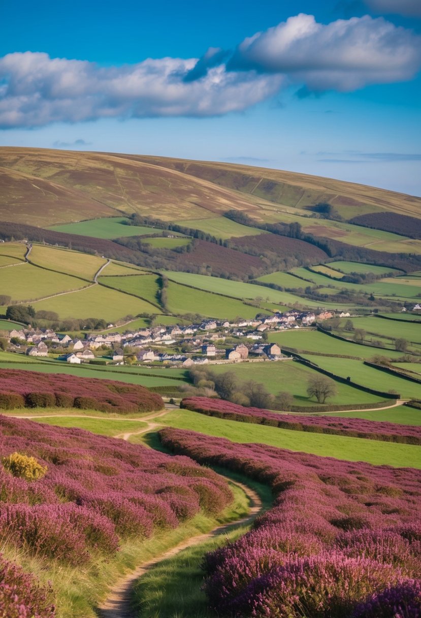 Rolling hills covered in blooming heather, dotted with quaint villages and winding paths, under a vast blue sky