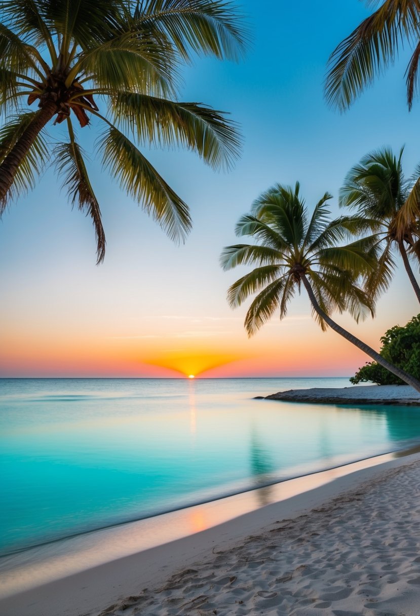 A tranquil beach with crystal-clear turquoise waters, palm trees swaying in the gentle breeze, and a colorful sunset over the horizon